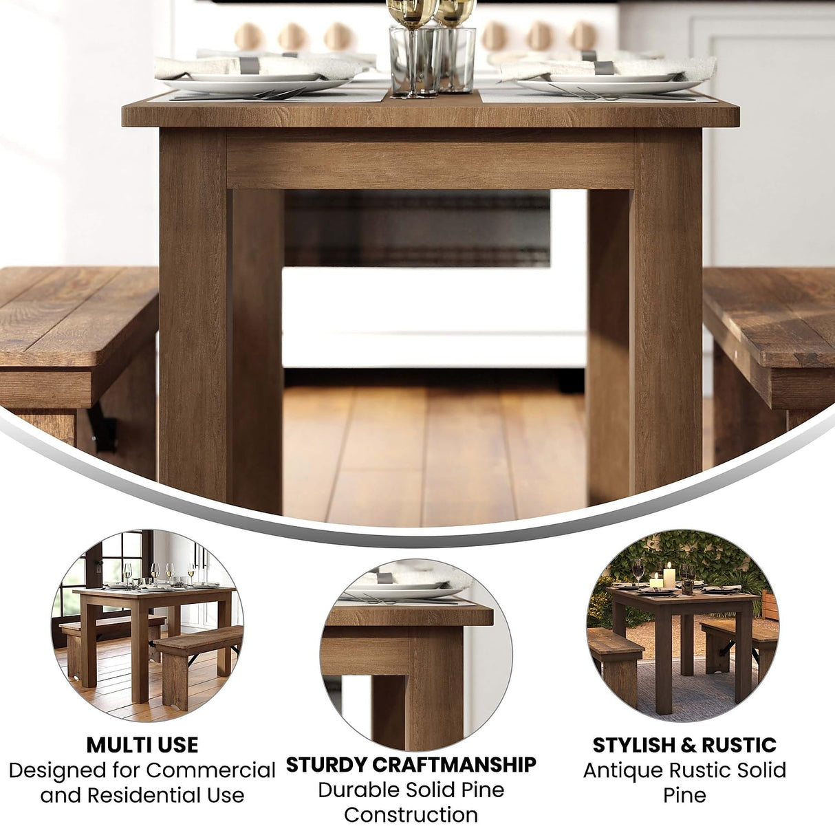 Flash Furniture HERCULES 46" x 30" Rectangular Antique Rustic Solid Pine Farm Dining Table Flash Furniture