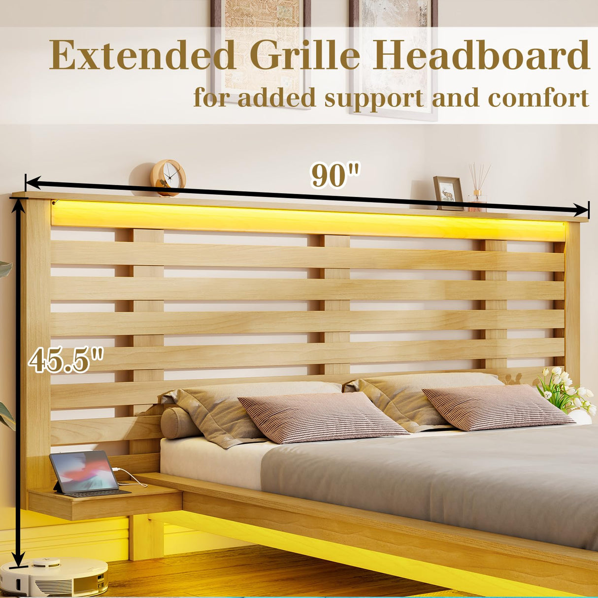 Albott Natural Oak Floating Bed Frame with Extended Headboard, LED Lights, and Integrated Charging Station Albott