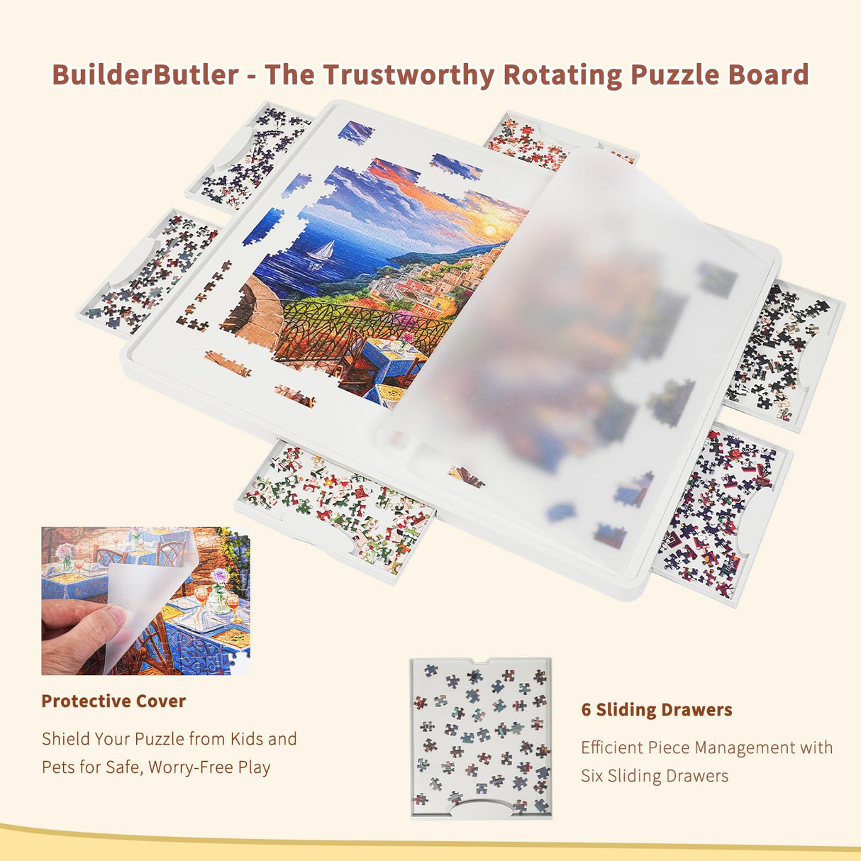 BuilderButler Rotating Puzzle Board for 1500 Pieces with 6 Sliding Drawers and Cover – 360° Lazy Susan Spinning, 26"x35" Portable Plastic Puzzle Table, Christmas Gift for Mom Jigsaw Puzzle Enthusiasts BuilderButler
