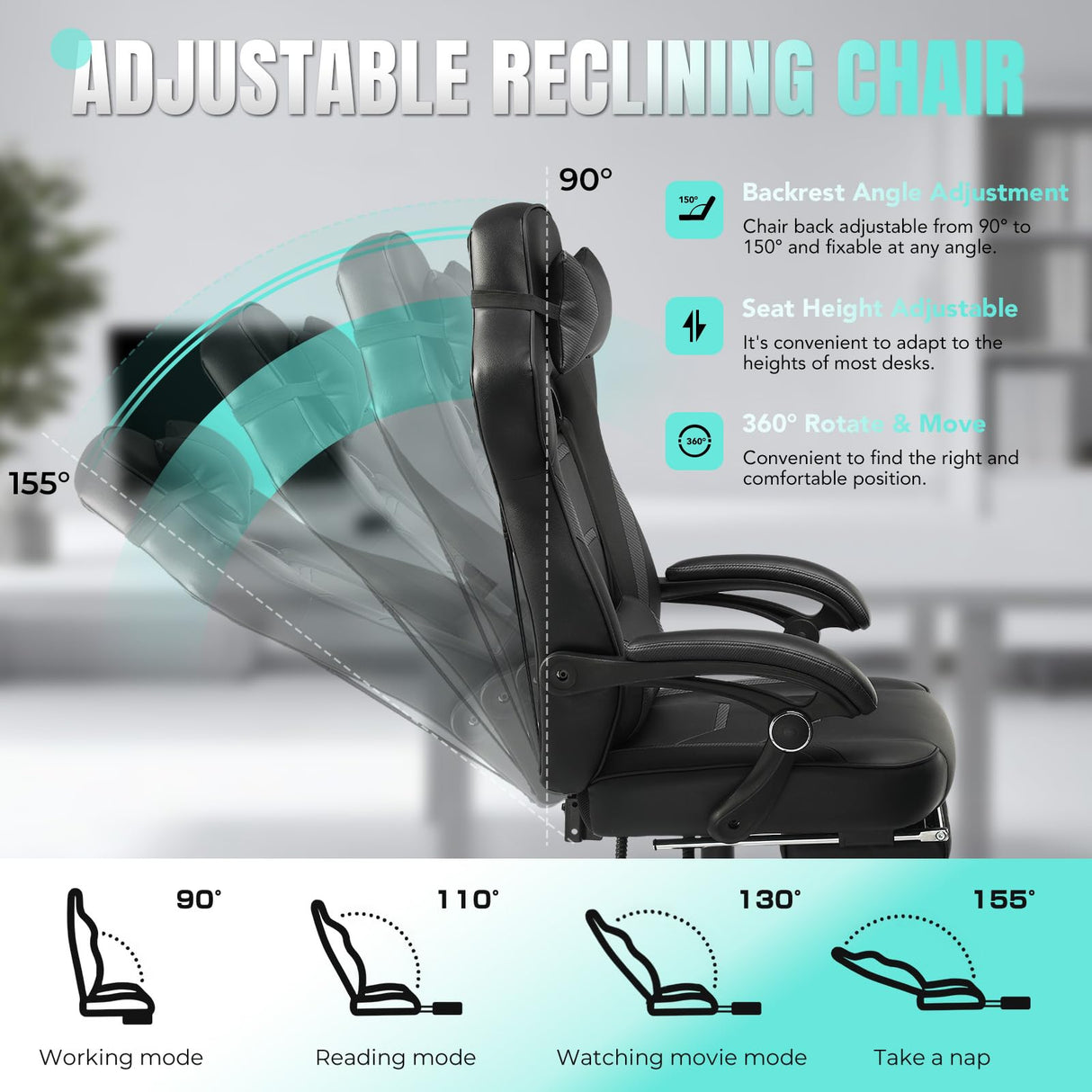 LUCKRACER Gaming Chair, Video Game Chairs Gaming Computer Chair with Footrest 350Lb Heavy Duty Gaming Chair Ergonomic Office Chair Lumbar Support for Adults, High Back, Swivel Seat, Recliner(Black) LUCKRACER