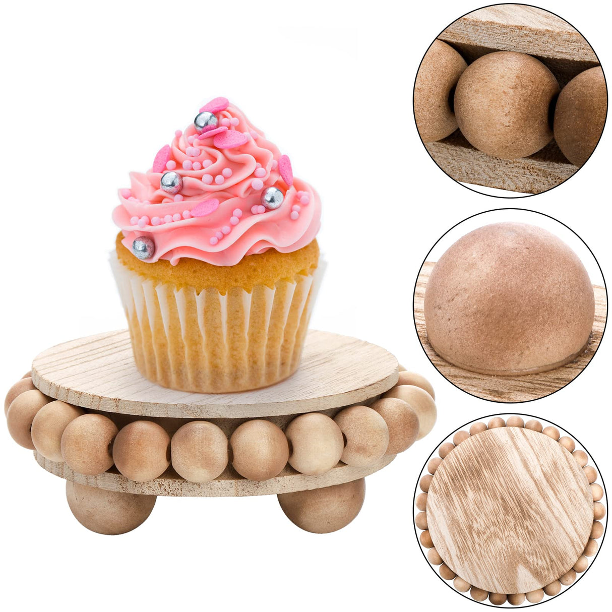 Peohud Set of 3 Wood Risers for Display, Farmhouse Wooden Pedestal Stand, Rustic Stool Plant Pot Holder, Beaded Display Riser for Tiered Tray Home Kitchen Counter Table Decor, 9.5/6/4 Inches Peohud