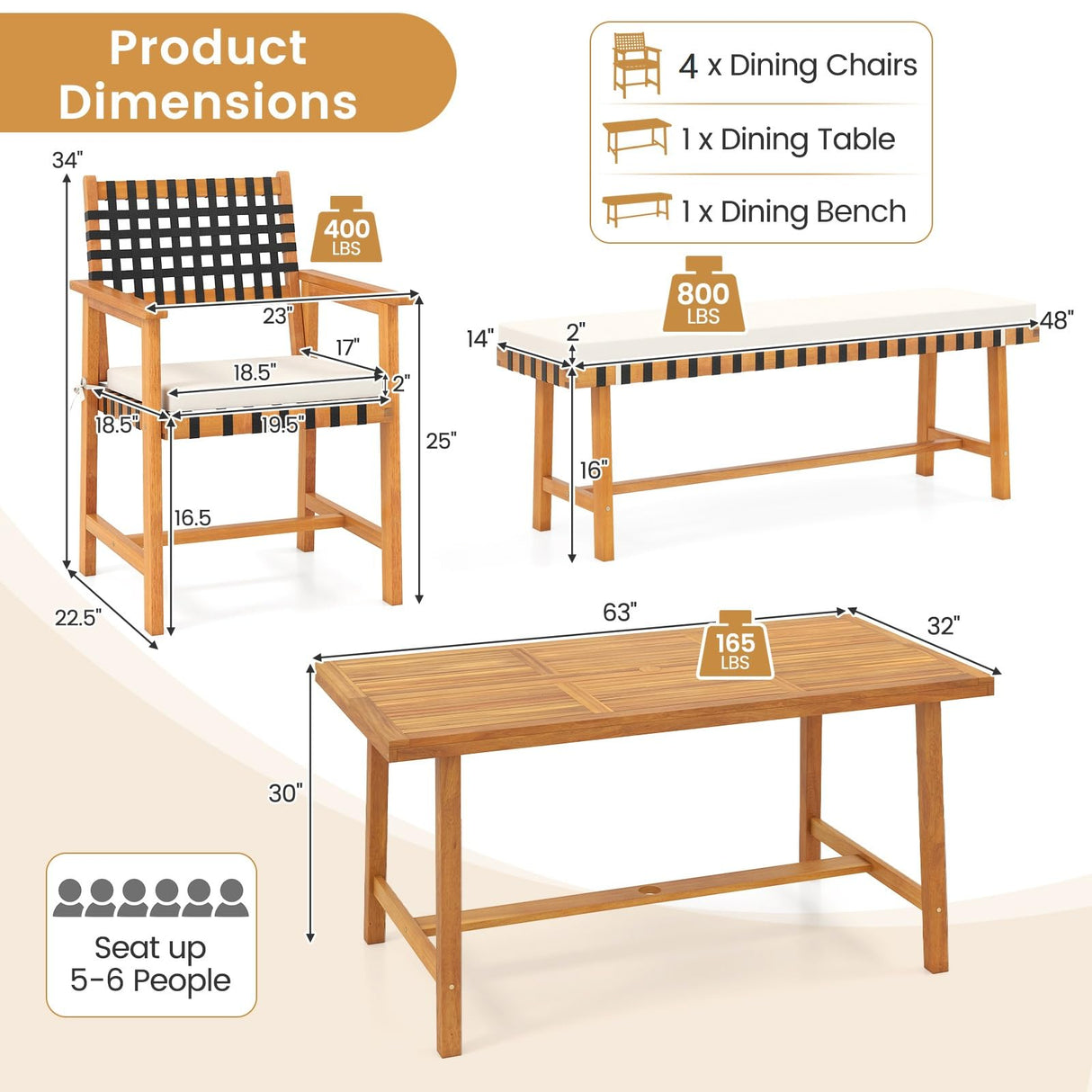 Tangkula 6 Piece Patio Dining Set for 5-6 People, 63” Outdoor Acacia Wood Table with 1.97” Umbrella Hole & Bench & 4 Cushioned Armchairs, for Deck Yard and Poolside Tangkula