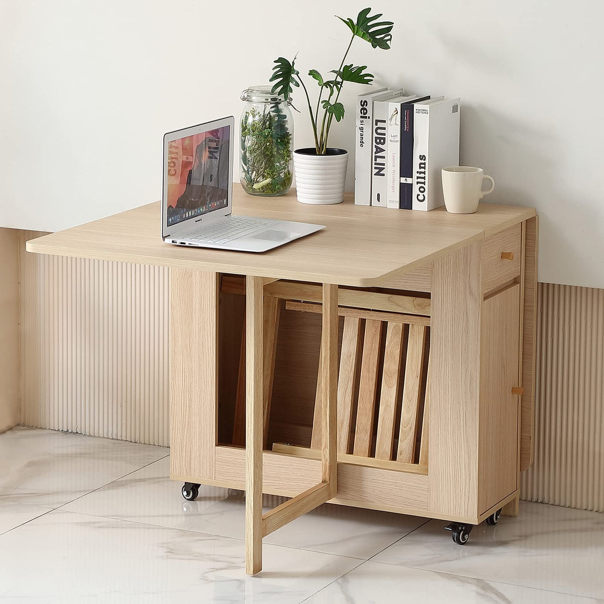 COMUHOME Extendable Drop Leaf Folding Dining Table with 2 Drawers and 4 Wheels for Living Room Kitchen Farmhouse Space Saving Table in Wood Color COMUHOME