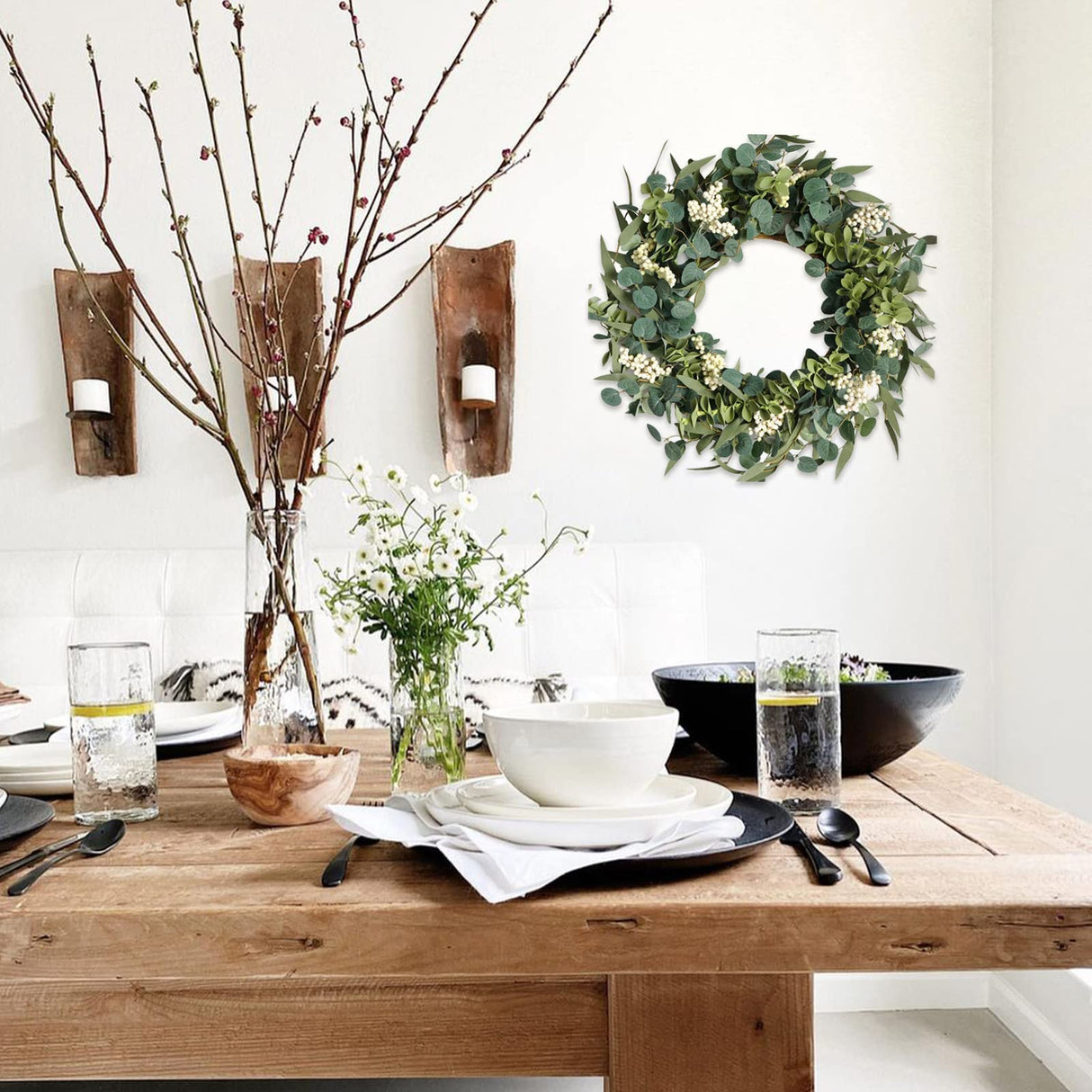 TEMPUS 20-Inch Artificial Eucalyptus Wreath Handmade Spring Summer Door Hanging, Farmhouse Wall Decor, Wedding Gift, Outdoor-Friendly Green Leaf Wreath TEMPUS