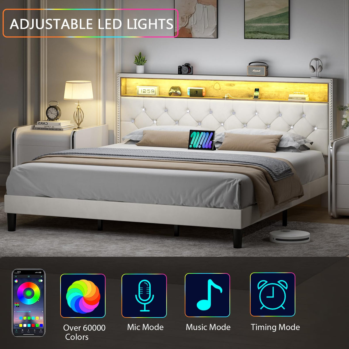 HOMBCK King Bed Frame with LED Lights, Velvet Upholstered Platform Bed with Storage Headboard and Charging Station, King Bed Frame with Diamond Design, Wood Slats Support, No Box Spring Needed, White HOMBCK