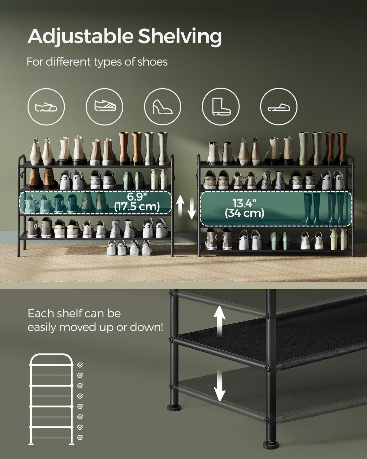 SONGMICS Shoe Rack, 4-Tier Shoe Organizer, Fabric Shoe Shelf Storage with 4 Hooks, Holds up to 24 Pairs of Shoes, Height-Adjustable Shoe Rack for Entryway, Hallway, Closet, Easy Assembly, Ink Black SONGMICS