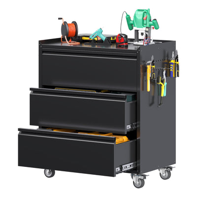 SUXXAN Metal Storage Cabinet with 3 Drawer and 4 Hooks,35.4" H Top Workbench Mobile Tool Chests Garage Cabinets with 4 Wheels,Tool Cabinets for Home,Office,Shop