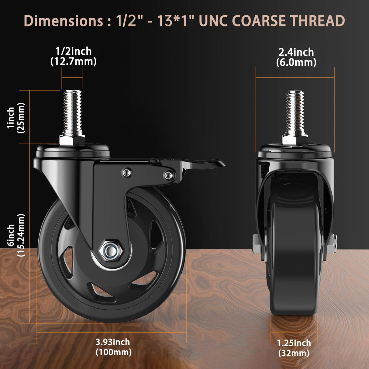 4 inch Stem Casters, Heavy Duty Casters Set of 4, 1/2"-13 x 1(Stem Diameter 1/2", Stem Length 1"), Locking Threaded Stem Caster Wheels - Load 2000lbs LUTUMEI