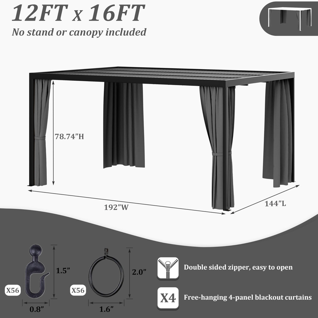 Kimunuk Gazebo Universal Replacement Privacy Curtain,12'X16' Gazebo Outdoor Waterproof Curtains, 4-Panels Sidewall Curtains with Double Zipper for Patio, Garden and Backyard (Only Curtains, Grey) Kimunuk