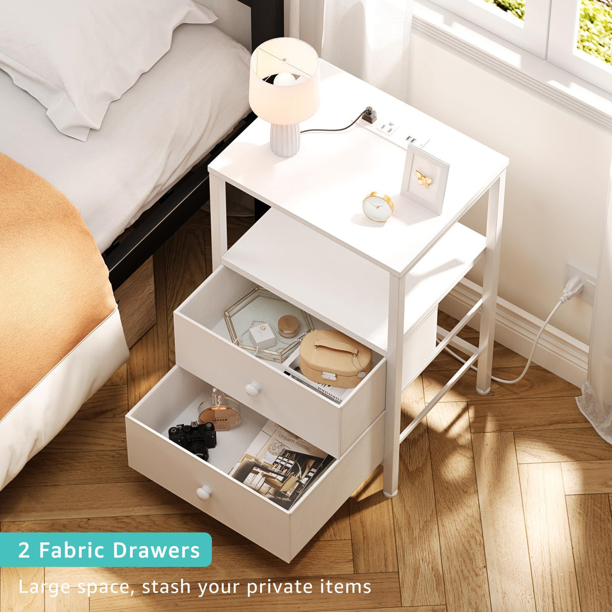 KAI-ROAD White Nightstands Set of 2 with Charging Station, Bedroom Night Stand Set 2 Small Night Stands with Drawers and Shelf Storage End Table Dorm Bedside Table Modern KAI-ROAD