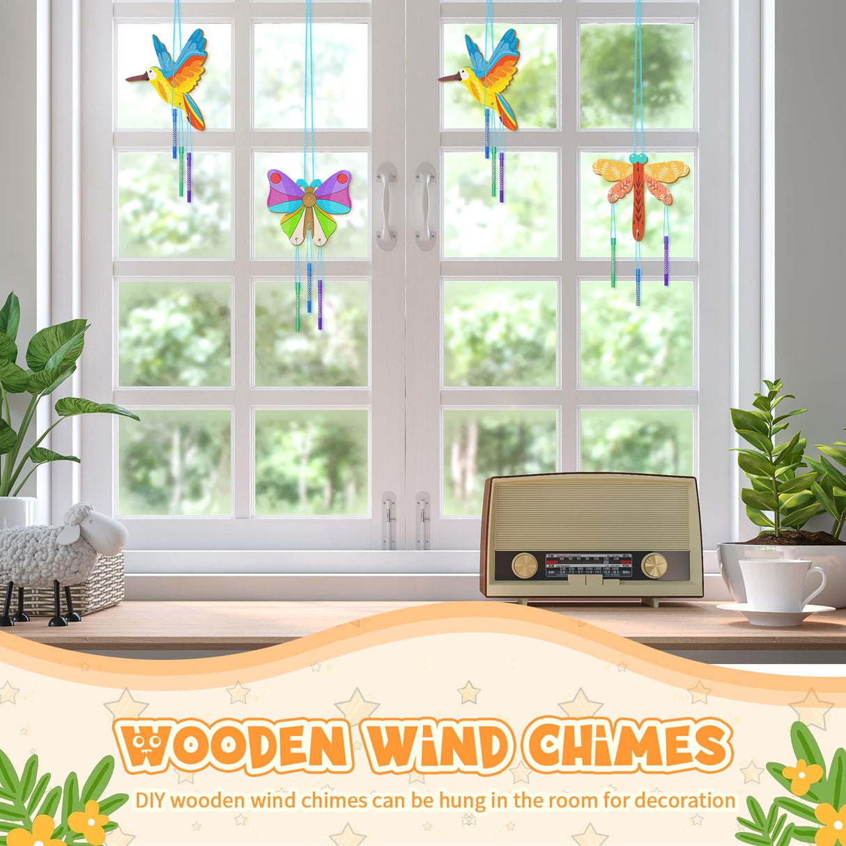 Leinuosen 30 Pcs Wind Chime Kit Hummingbird Wooden Wind Chimes Decorative Butterfly Windchimes Hanging Dragonfly DIY Wind Chimes for Kids Indoor Outdoor Garden Home Patio Party Crafts Decorations Leinuosen