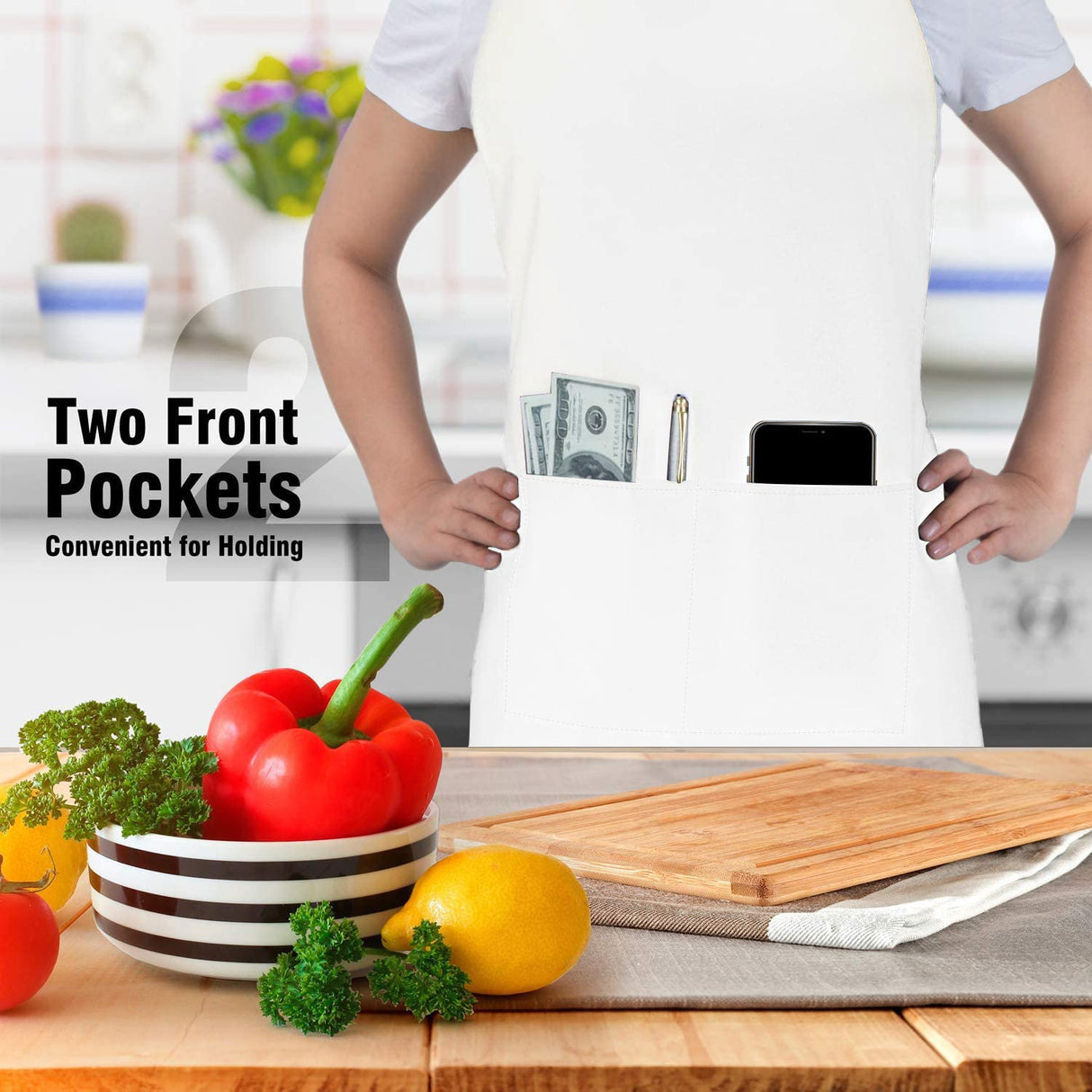 4 Packs Chef Apron, Waterproof Apron, Adjustable Apron with 2 Pockets for Men Women, Professional Apron for Kitchen Cooking Gardening Painting Baking Restaurant (White) loteaf