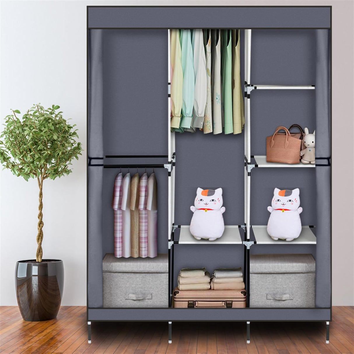 WOW PIONEER 71 inch Portable Closet Wardrobe, Clothes Rack Storage Organizer Shelf, Non-Woven Fabric Cover Steel Tube for Bedroom and Dorm Easy Assembly, Durable, Space-Saving, Dustproof Gray WOW PIONEER