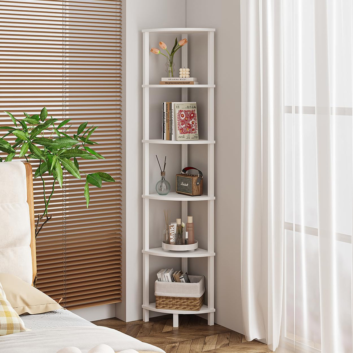 VIMBER Corner Shelf, 6-Tier Corner Bookshelf, Industrial Corner Ladder Shelf, DIY Storage Shelves, Modern Display Shelf for Living Room, Bedroom, Kitchen, Home Office, White UJSJ004W VIMBER