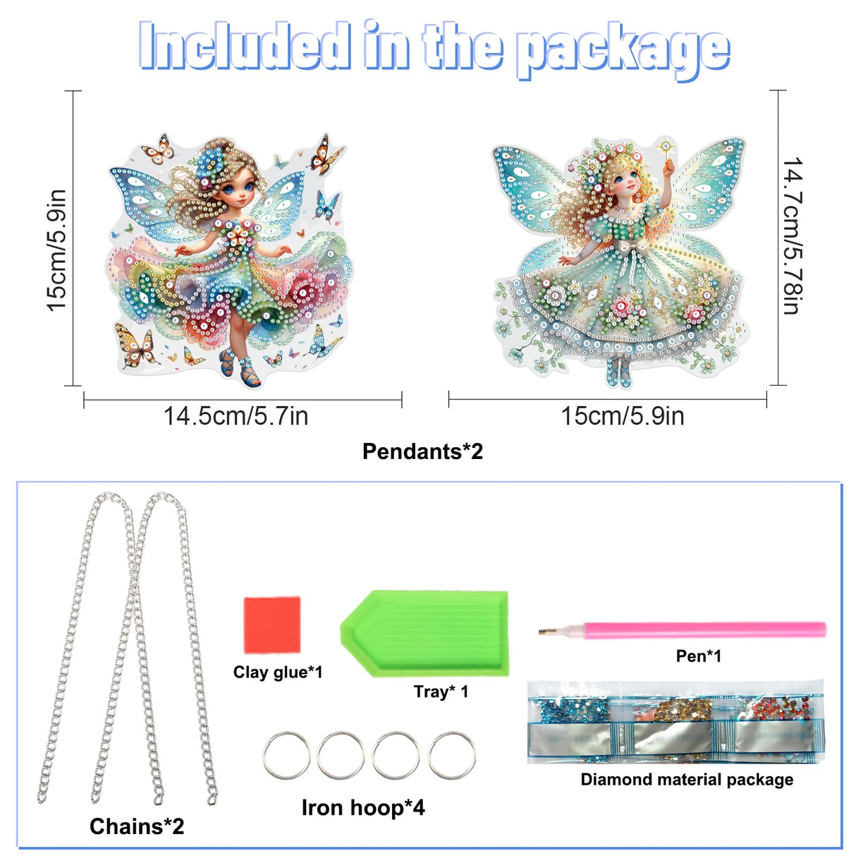 2 Pcs Diamond Painting Fairy Ornaments – DIY Acrylic Hanging Decorations with Chains, Cute Butterfly Flower Elf Girl Design for Home Decor, Gifts, and Crafts antor