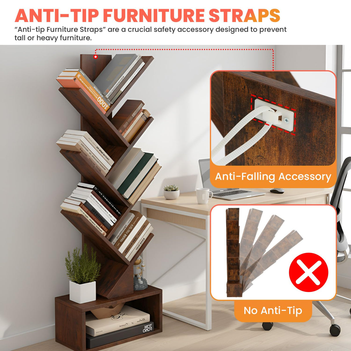 FDW 7 Tier Tree Bookshelf, Rustic Brown Floor Standing Bookcase with Storage Cabinet, Tall Narrow Bookshelves Organizer for Bedroom/Living Room/Home Office Corner FDW