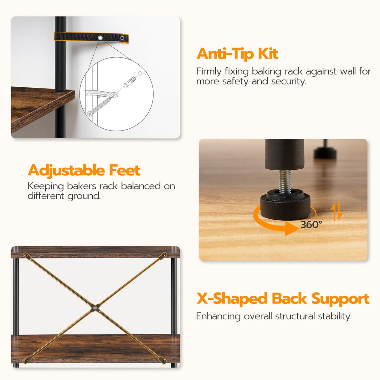 HOOBRO Rustic 5-Tier Kitchen Bakers Rack with Power Outlet and 4 Hooks HOOBRO