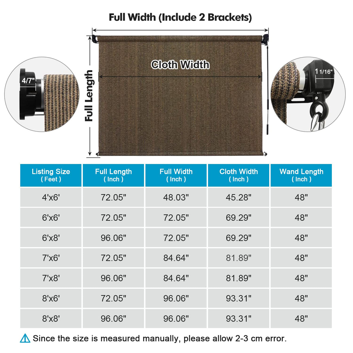 Artpuch Outdoor Roller Shade 8'(W) x8'(H) Fabric Blind Mocha 220GSM Roll Up Shade, Wand Operation Exterior Roller Shade Cloth for Patio Porch Gazebo, Spliced of Two Sections Artpuch