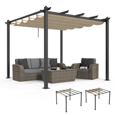 VINGLI 10’x 10' Outdoor Pergola Aluminum Retractable Pergola Canopy with Adjustable Roof, Patio Pergola for Deck, Porch, Garden, Yard (Khaki)