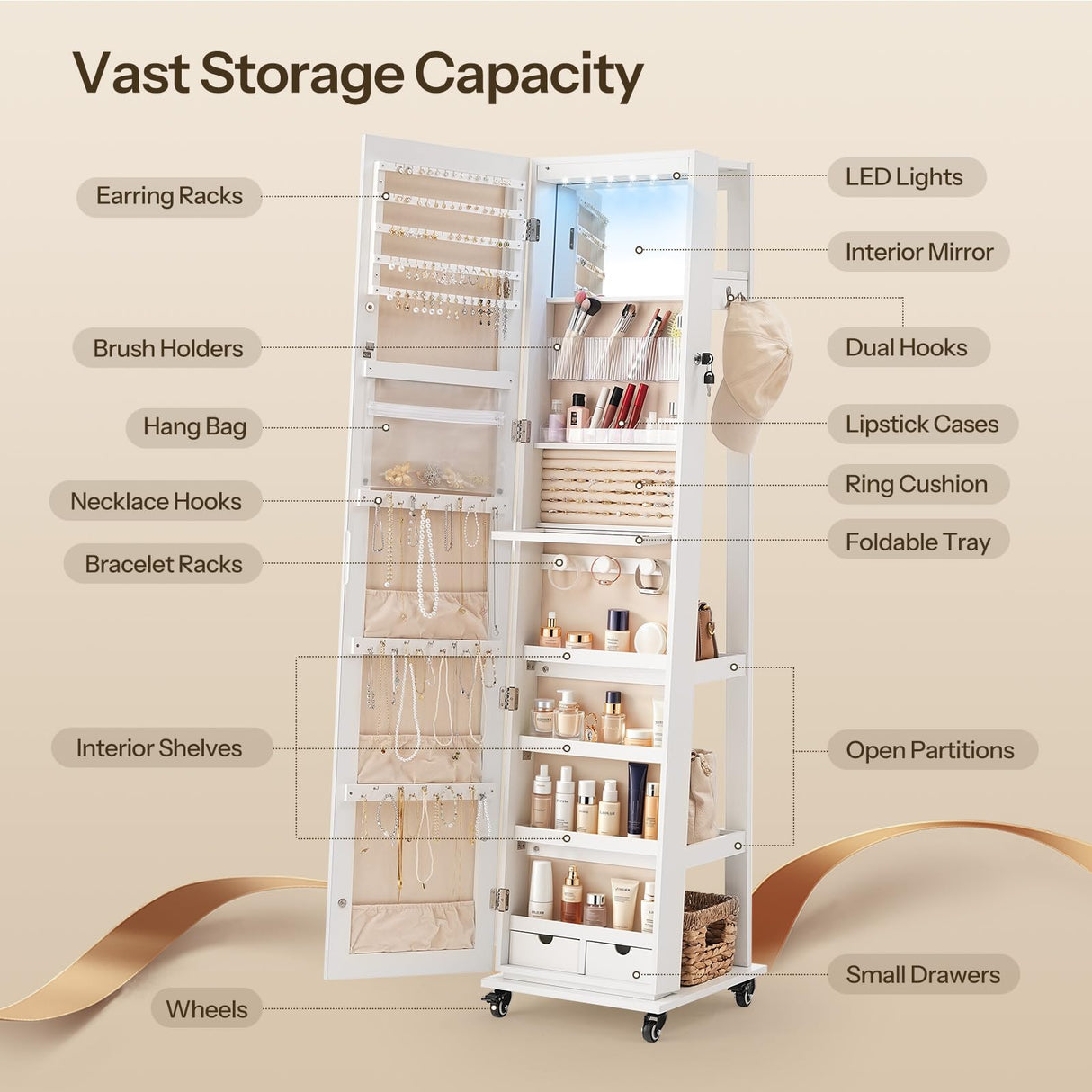 HOOBRO LED Lockable Jewelry Cabinet, Jewelry Organizer on Wheels, Standing Jewelry Armoire, Frameless Full-Length Mirror 4 Storage Shelves Foldable Makeup Tray Jewelry Cabinet Armoire, White WT06JC04 HOOBRO