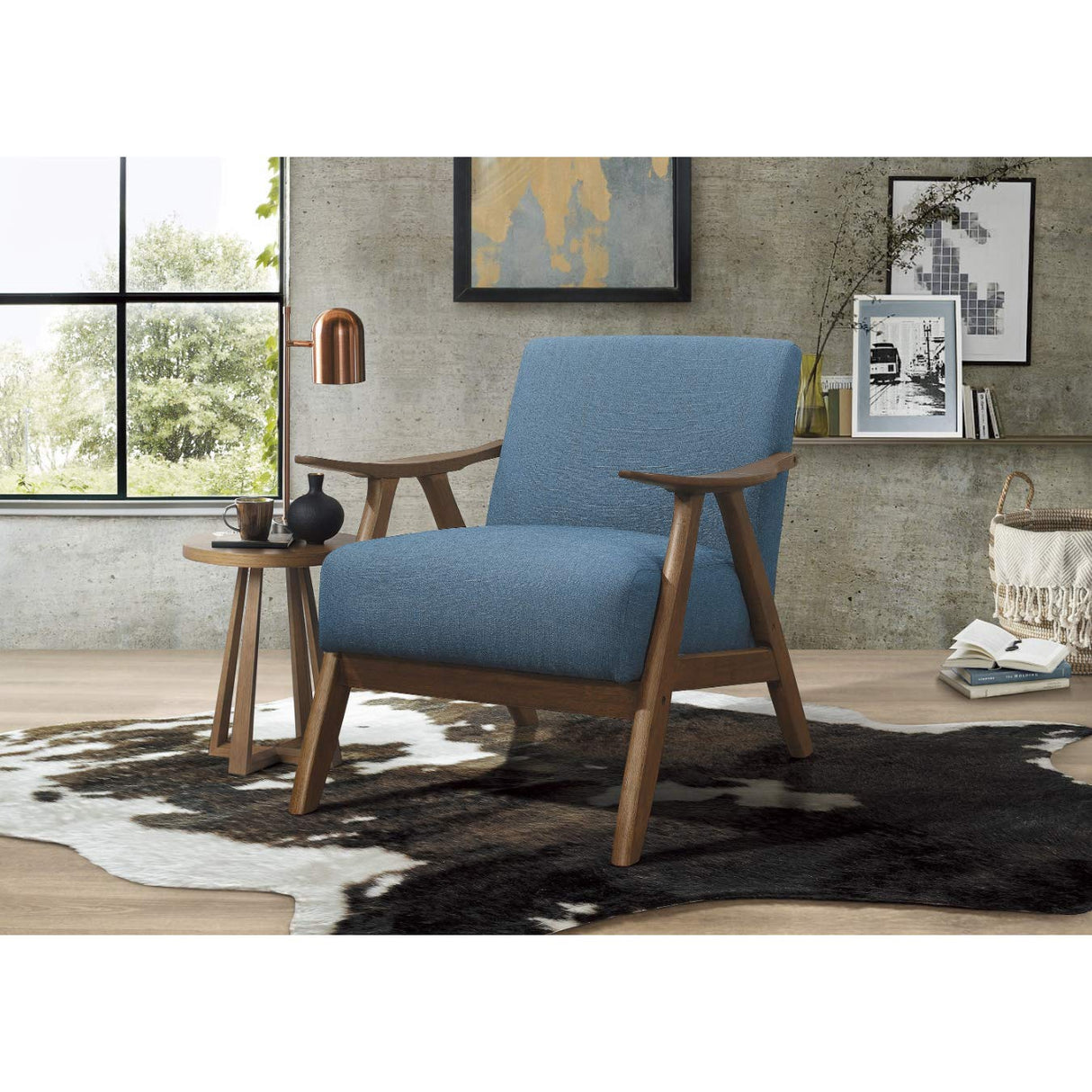 Lexicon Mid Century Modern Accent Chair with Solid Wood Frame in Walnut Finish, Upholstered Living Room Lounge Arm Chair, Thick and Comfy Innerspring Seat Cushion, Linen-Look Fabric, Blue Lexicon