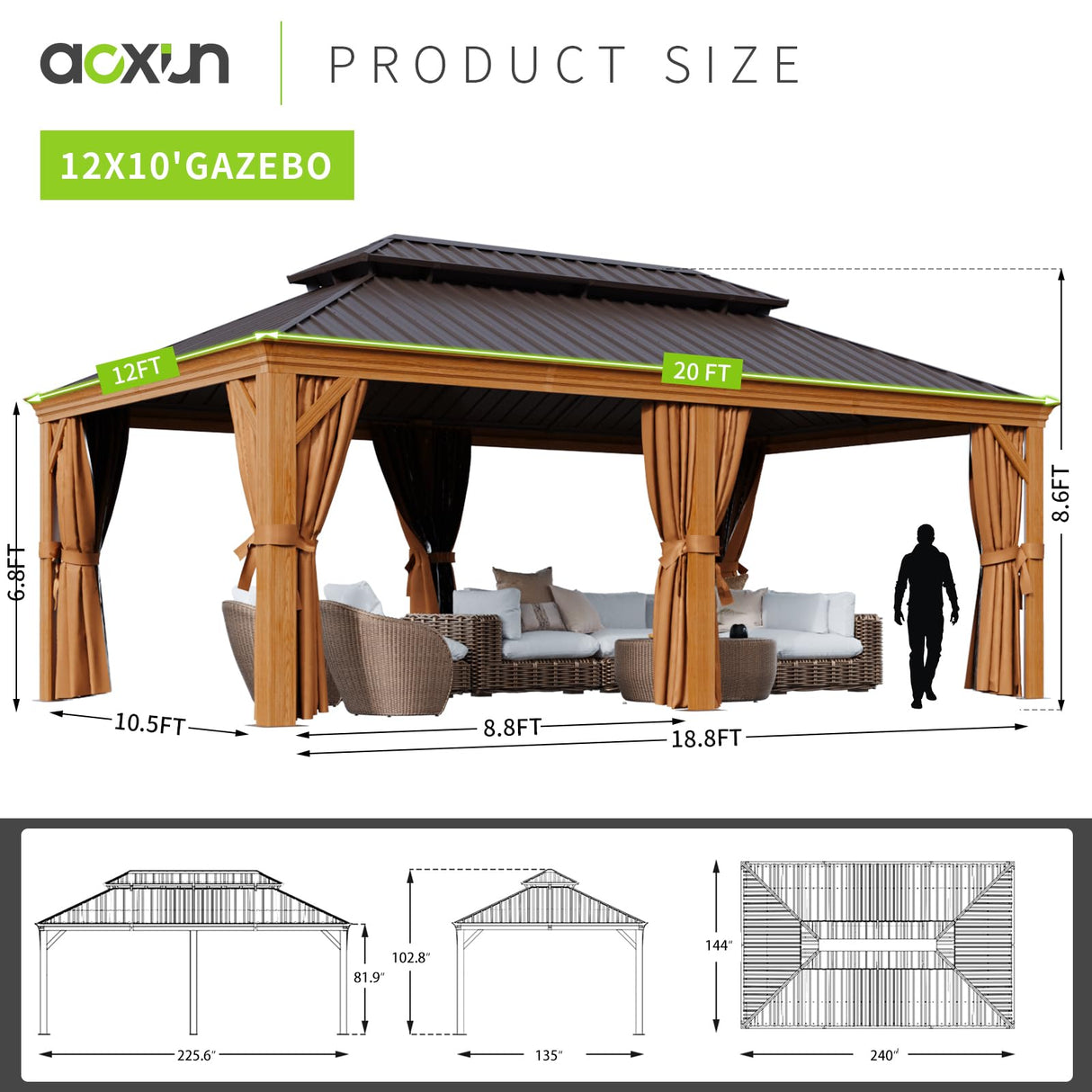 Aoxun 12' x 20' Hardtop Gazebo, Wooden Finish Coated Aluminum Frame Canopy, Galvanized Steel Double Top, Outdoor Permanent Metal Pavilion with Aoxun