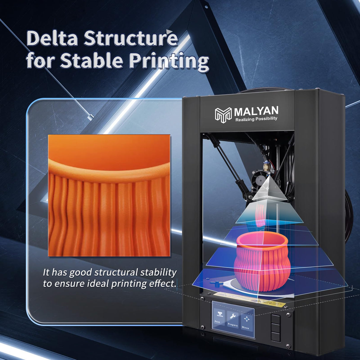 MALYAN Mini Delta 3D Printer M300 - Fully Assembled FDM 3D Printers for Kids and Beginners, Free Sample PLA Filament and MicroSD Card Preloaded with Printable 3D Models, Printing Size 110x110 mm MALYAN