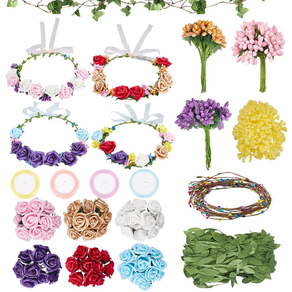 ORIGACH 20 Set DIY Flower Crown Kit Roses Flower Garland Making Kit Floral Crown Craft Supplies Handmade Floral Hair Accessories for Wedding Birthday Party DIY Arts and Crafts ORIGACH
