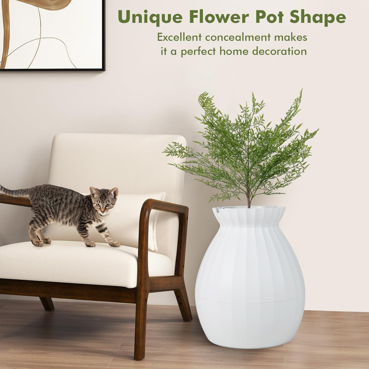 PETSITE White Plant Litter Box, Cat Hidden Litter Box Enclosure with Artificial Plant, Advanced Odor Removal System, Detachable Door Curtain, Cat Litter Scoop, Large Planter Litter Box PETSITE