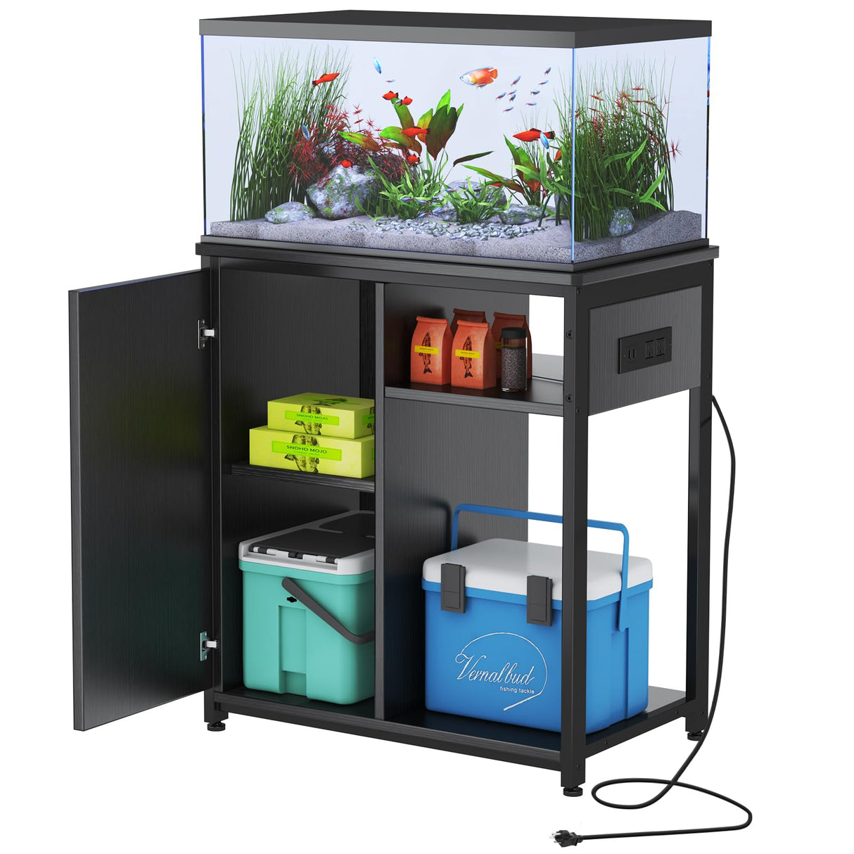 ZERDER Aquarium Stand with USB and AC Power Strip, Cabinet for Fish Tank Accessories Storage, Heavy Duty Metal Fish Tank Stand for Turtle Tank (Black, 20-29 Gallons) ZERDER