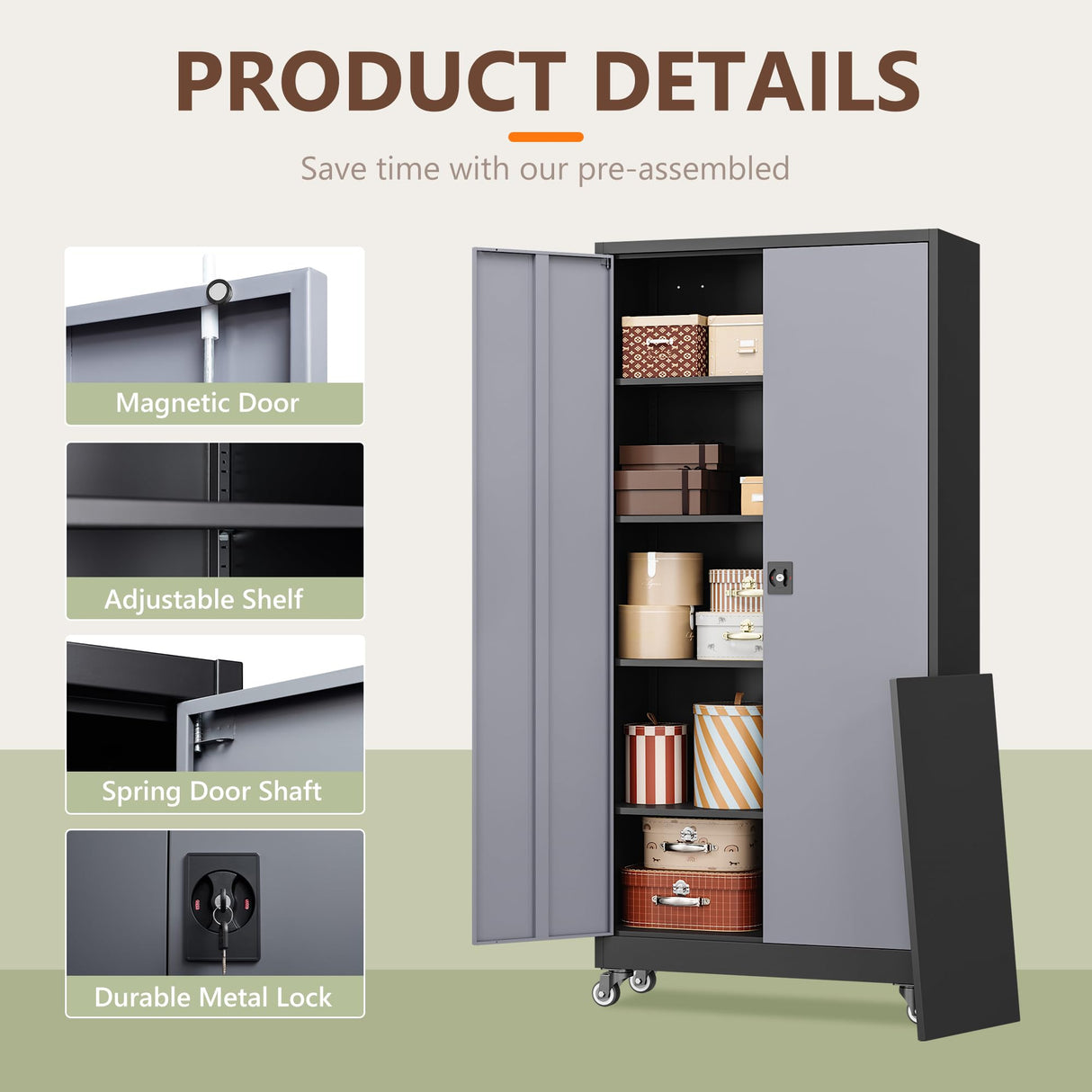 RAVIGIN Metal Garage Storage Cabinet with Wheels, 73" H Locking Tool Cabinet with 2 Doors and 4 Shelves, Tall Steel Cabinet for Garage, Heavy Duty File Cabinet for Office, School (Black Grey) RAVIGIN