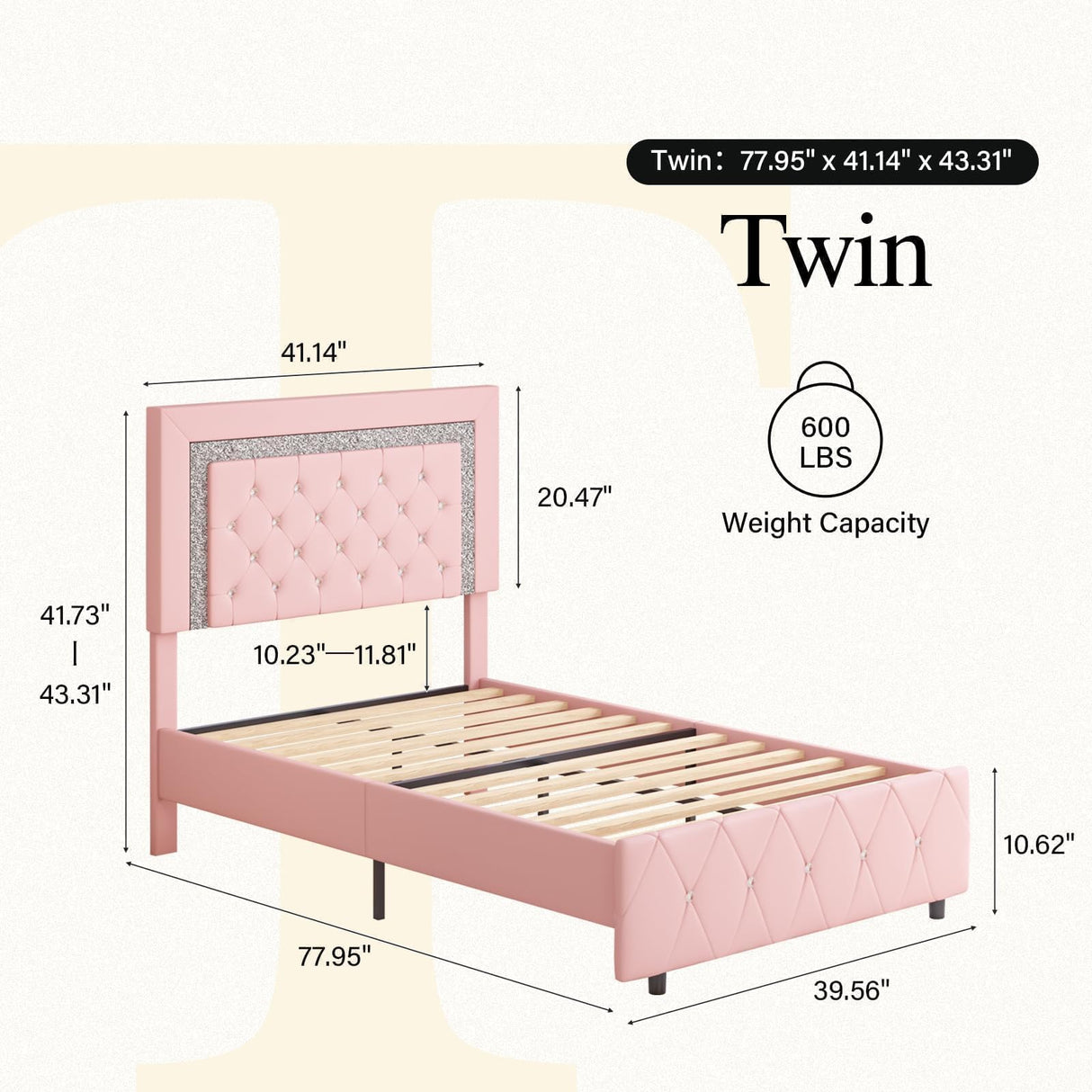 HOMBCK Twin Bed Frame, Pink Upholstered Bed Frame Twin Size with Diamond Tufted Headboard, Girls Twin Bed Frame with Faux Leather Headboard & Footboard, Wooden Slats Support, No Box Spring Needed HOMBCK