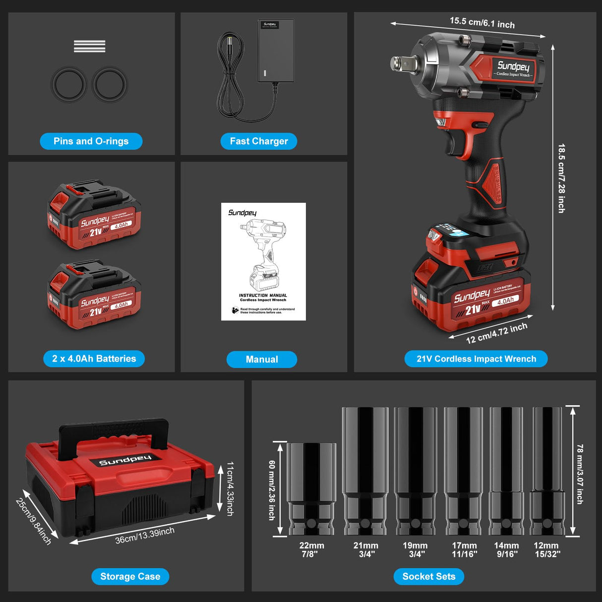 Sundpey Cordless Impact Wrench 600Ft-lbs(800Nm) - 21V 1/2" Brushless Driver With 2 * 4.0Ah Batteries - 2600RPM Gun for Lug Nuts With 6 Sockets, Fast Charger & Tool Case Sundpey