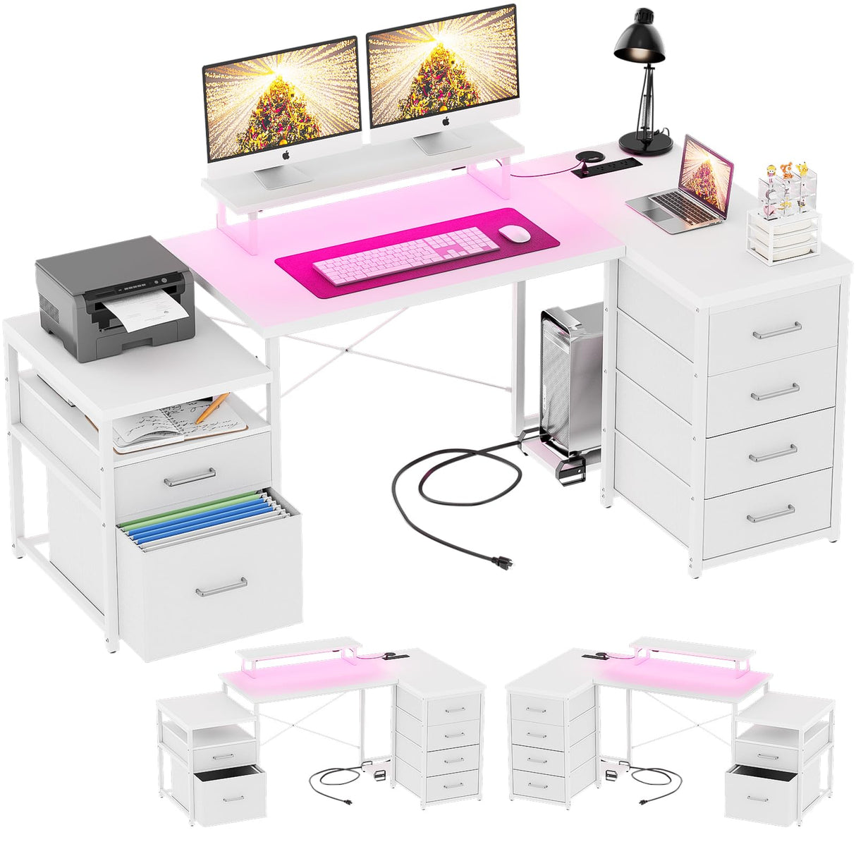 Unikito 70.8" Reversible L Shaped Computer Desk with Fabric File Drawers, Corner Desk with RGB LED Light & Power Outlets & Monitor Stand, Large Gaming Desk for Home Office Workstation, White Unikito