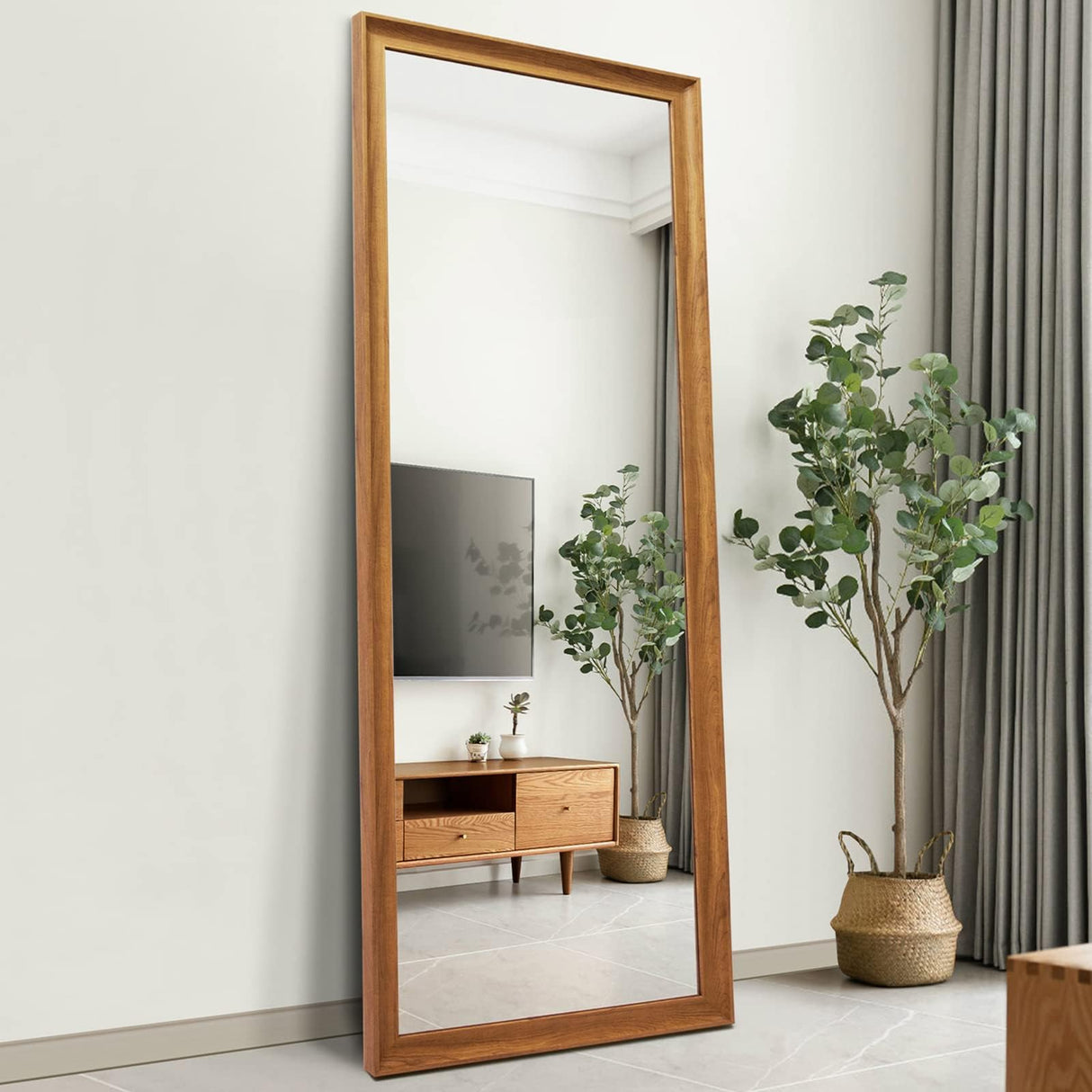TheiaMo Full Length Mirror Wood Frame, 65×22in Floor Mirror Full Body Mirror with Standing Holder Hanging Wall Mirror, Stand Large HD Mirror, Dressing Mirror for Bedroom/Living Room, Dark Wood TheiaMo