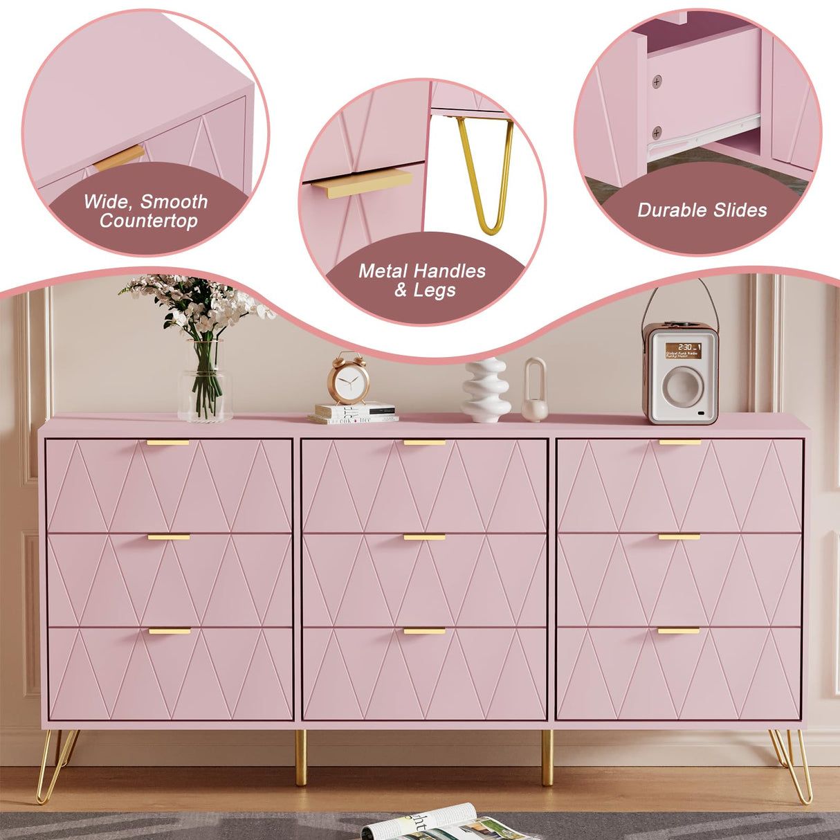 Anbuy Bedroom Sets 3 Pieces Pink Modern 9 Drawer Dresser and Nightstand Sets for Bedroom, Two Drawers Nightstand Set of 2 & 9 Drawer Dresser Combo 3 Pcs (Pink)