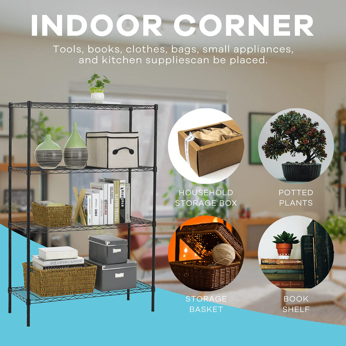 NChanmar 4 Tier Wire Shelving Unit Storage Shelves Shelf Organizer 54"x36"x14" Heavy Duty Metal Storage Rack Wire Rack NSF Height Adjustable for Laundry Bathroom Kitchen Garage Shelving (Black) NChanmar