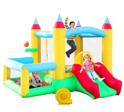 WELLFUNTIME Inflatable Bounce House with Slide, 107x106x80 Inch, Jumping Castle with Blower and Ball Pool, Basketball Game