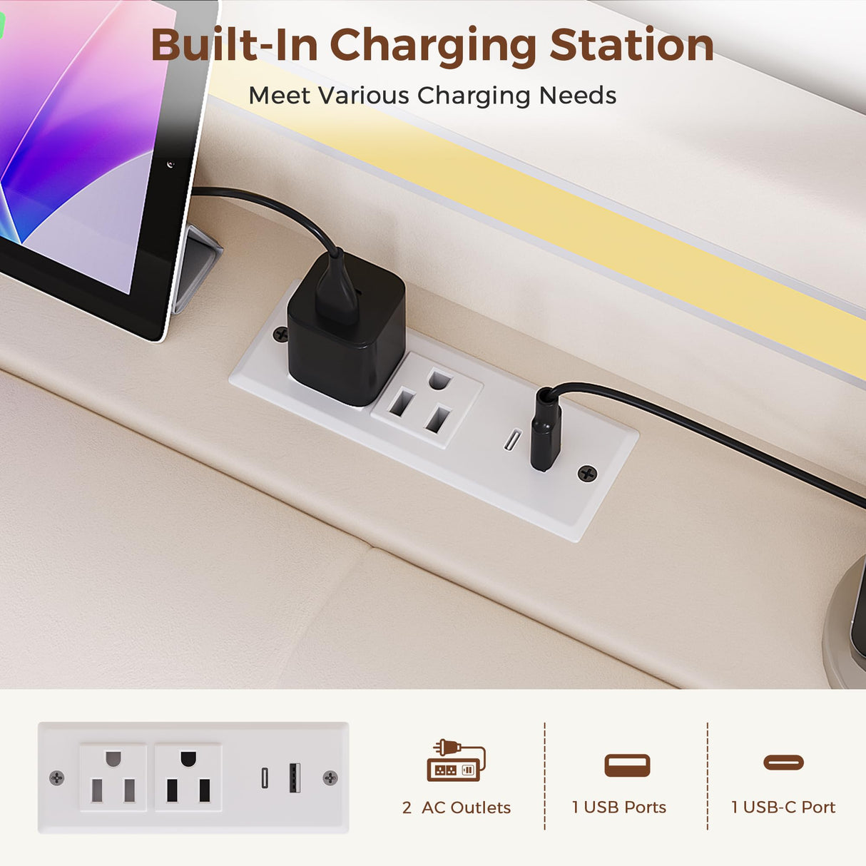 Queen LED Velvet Bed Frame with 2 Storage Drawers&Hidden Headboard, Upholstered Platform Bed with Charging Station&Button Tufted Design, Wooden Slats Support, Box Spring Optional, Easy Assembly, Beige Jocoevol