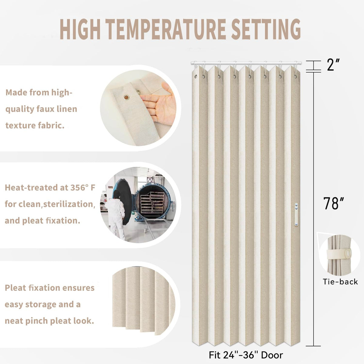 Vatge Closet Curtains, Accordion Style Door Curtains for Doorways, Pleated Folding Doors Curtain for Closet and Room Divider, 1 Panel, W39 x L78, Beige Vatge