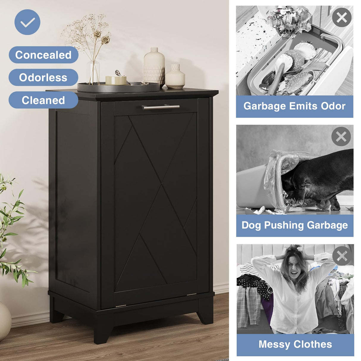 FiveWillowise Tilt Out Trash Cabinet, Kitchen Trash Can Cabinet w/Negative ion and deodorizing Function, Dog Proof 10 Gallon Garbage Can Cabinet for Kitchen, Bathroom, Living Room, Black FiveWillowise