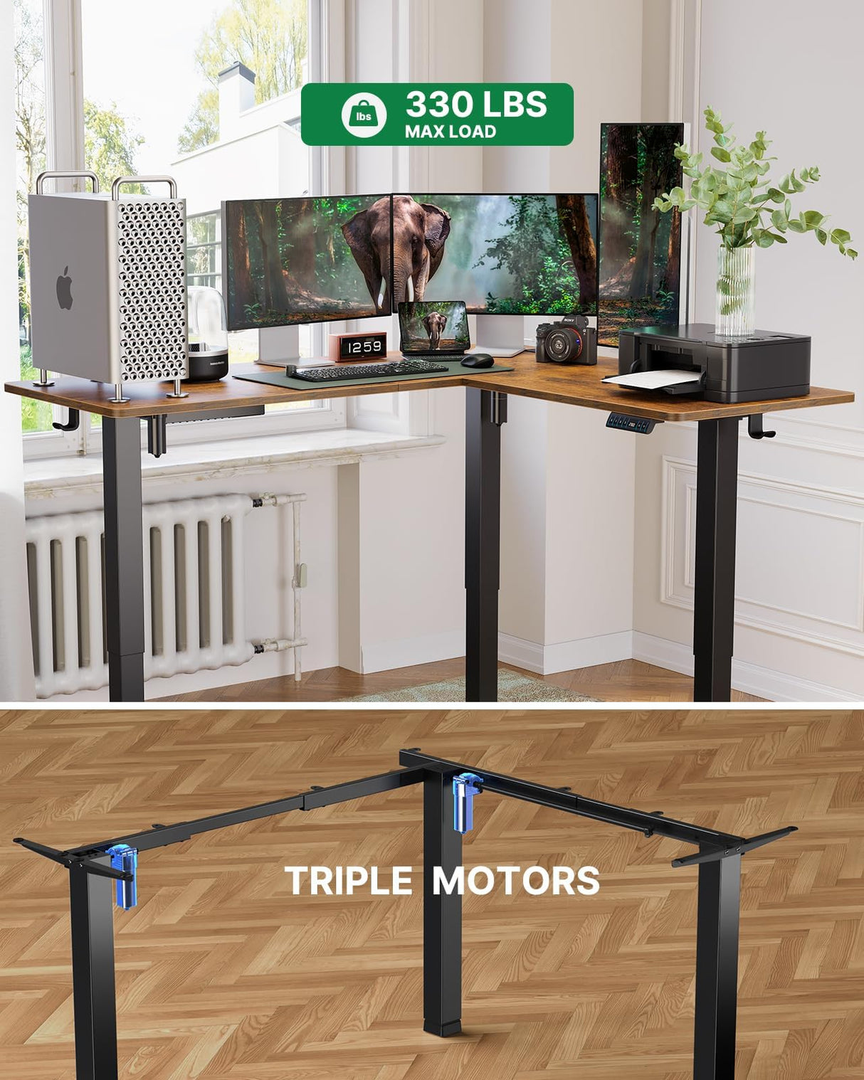 Marsail 63×55 in Electric Corner L-Shaped Standing Desk with 4-in 1 Electical Outlet, Computer Desk with Headphone Hook, Memory Sit Stand up Home Office Table, Ergonomic Gaming Table,Brown Marsail