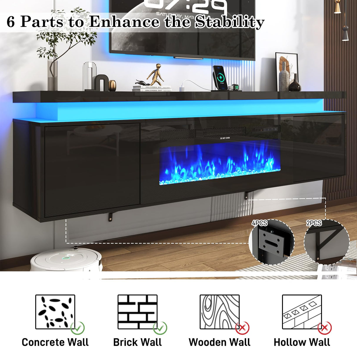 Hlivelood 70" tv Stand w/ 36" Fireplace Up to 80" TVs,High Gloss LED Fireplace TV Stand Entertainment Center for 70/75+/80 inch TV, Modern Media TV Console Cabinet for Living Room,Black Hlivelood