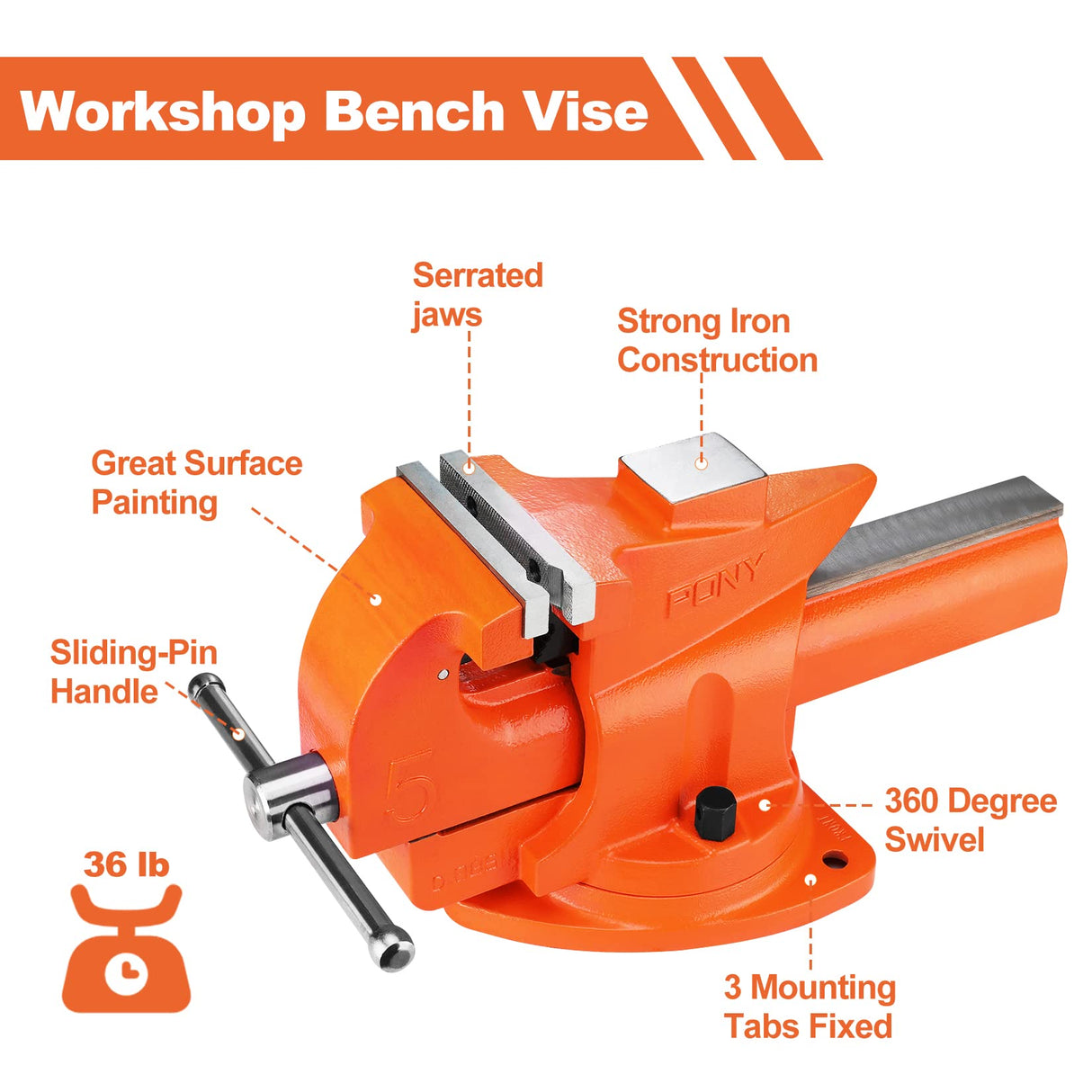 PONY Heavy Duty Bench Vise, 5-inch Jaw Width 7-inch Jaw Opening, 360-Degree Swivel Base with Anvil, Utility Combination Pipe Home Vise for Woodworking, One-Pair Vise Jaw Pad Included PONY