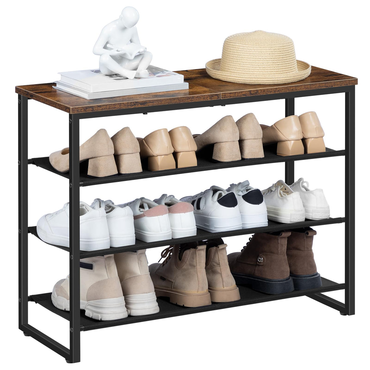 HOOBRO Shoe Rack, 4 Tier Shoe Storage Organizer with 3 Oxford Fabric Shelves and Top Panel, Holds 12-16 Pairs of Shoes for Entryway and Closet, Industrial, Rustic Brown BF47XJ01G1 HOOBRO
