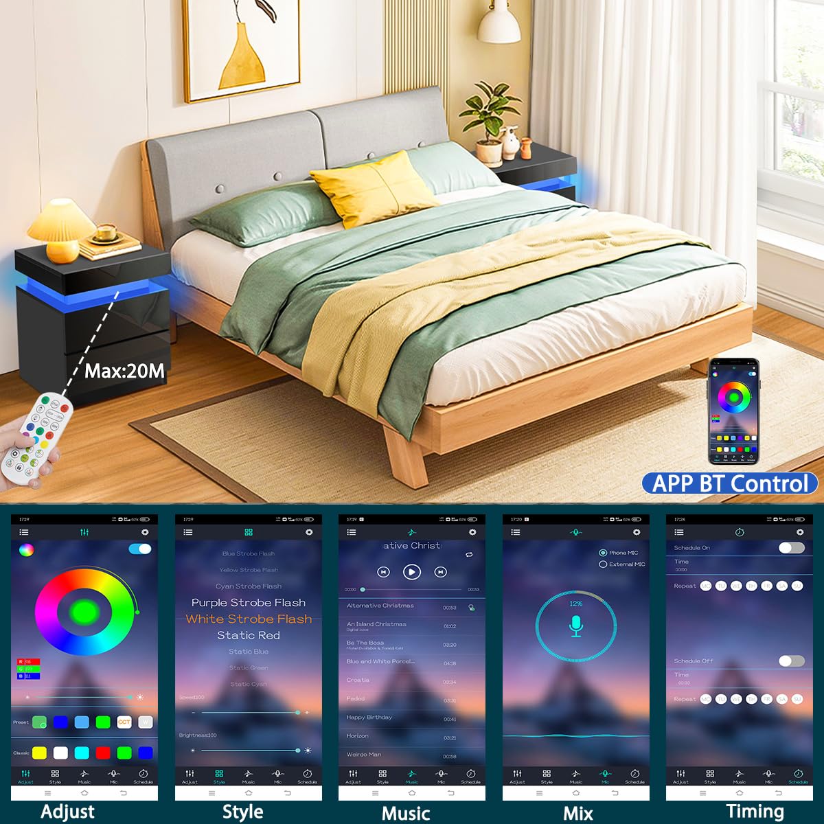 HOMMPA LED Nightstand Black Nightstand with Led Lights Modern Night Stand with 2 High Gloss Drawers Led Bedside Table Smart Nightstand for Bedroom 20.5” Tall HOMMPA