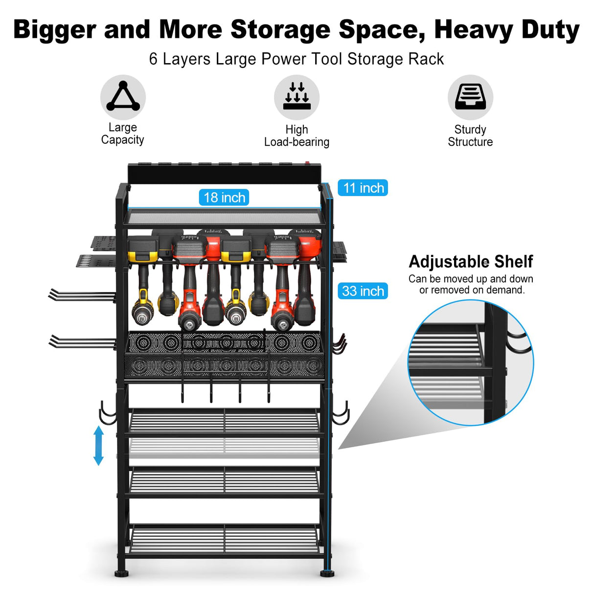 JUNNUJ Power Tool Organizer Floor Stand with Charging Station, Garage Adjustable Storage Rack Utility Tool Shelf with 8 Outlet Power Strip, Heavy Duty Drill and Battery Holder, Black JUNNUJ