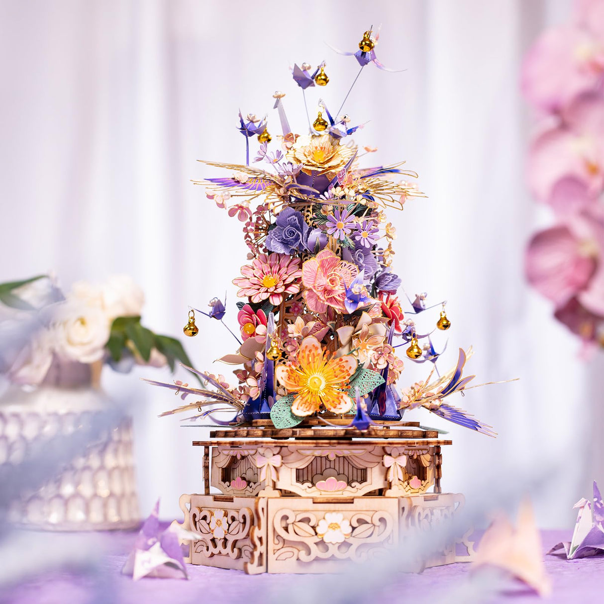 MU 3D Wood Puzzles for Adults The Feast of Flower, 3D Puzzles Lighting Metal Model Kits Building, Wooden Flowers Puzzle Music Box Building Puzzle Boxes Sets, Birthday Gift Desk Home Decor MU