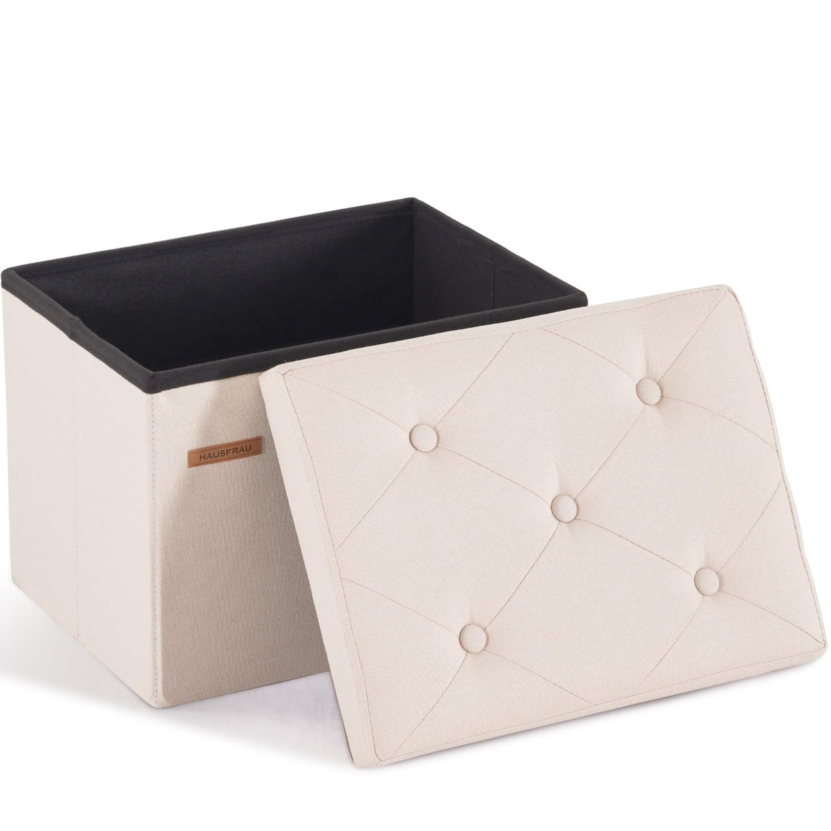 HAUSFRAU Storage Ottoman Foot Rest Stool, Small Folding Ottoman with Storage, Tufted Square Cube Footrest, Linen Beige HAUSFRAU