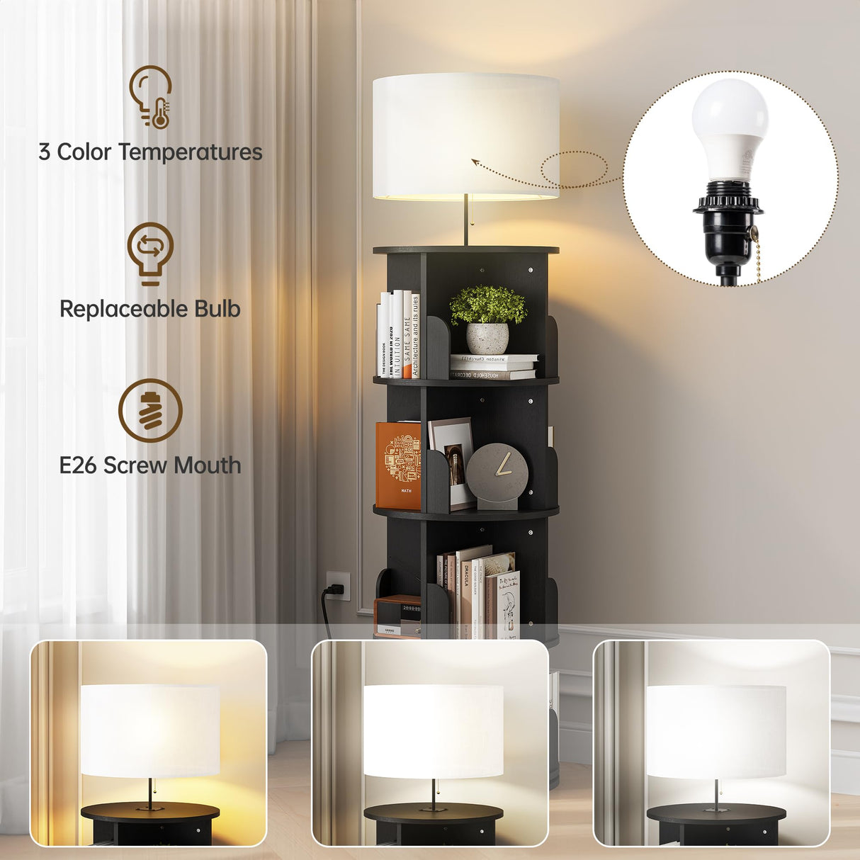 iabifo Rotating 4-Tier Bookshelf with Adjustable Light, 360° Spinning Bookcase Tower, Tall Floor Standing Book Shelf for Bedroom, Living Room, Office, Black iabifo